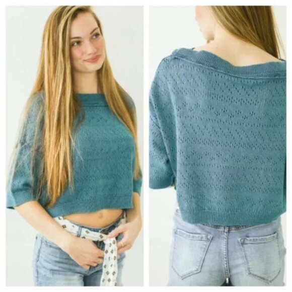 NWT Free People Sand Castle Pacific Blue Knit Sweater Size XS Boho New With Tags - Picture 3 of 6